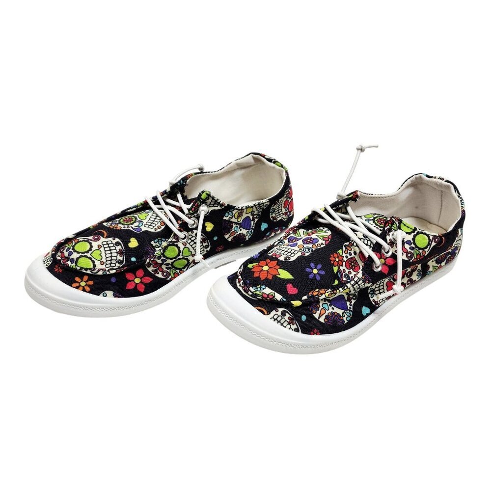 Girls Skull Pattern Shoes Size 4 Lace-Up Sneakers Sugar Skulls Day Of The Dead - Picture 4 of 11